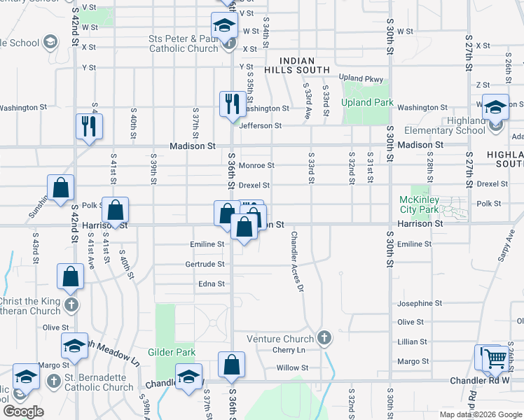 map of restaurants, bars, coffee shops, grocery stores, and more near 3509 Polk St in Omaha
