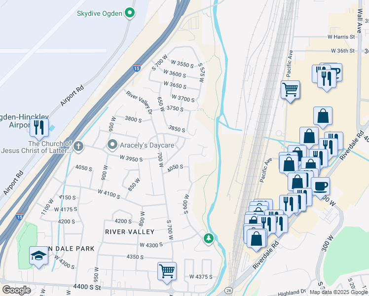map of restaurants, bars, coffee shops, grocery stores, and more near 3934 Coachman Way in Ogden