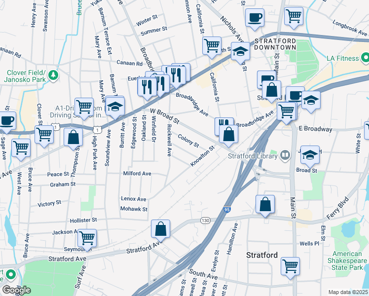 map of restaurants, bars, coffee shops, grocery stores, and more near 80 Temple Street in Stratford