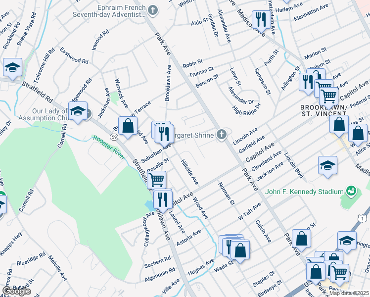 map of restaurants, bars, coffee shops, grocery stores, and more near 29 Bick Terrace in Bridgeport