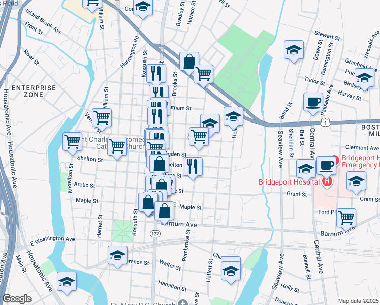 map of restaurants, bars, coffee shops, grocery stores, and more near 617 Ogden Street in Bridgeport