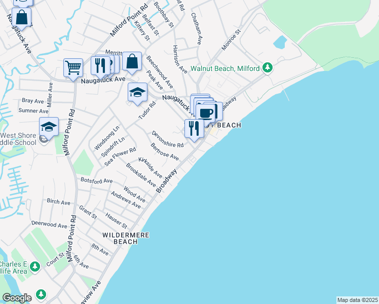 map of restaurants, bars, coffee shops, grocery stores, and more near 77 Broadway in Milford