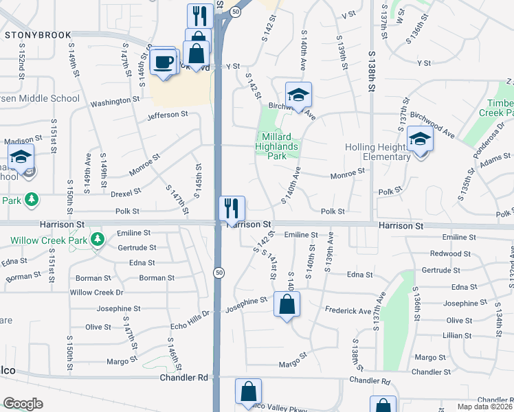 map of restaurants, bars, coffee shops, grocery stores, and more near 14222 Polk Circle in Omaha