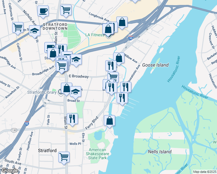 map of restaurants, bars, coffee shops, grocery stores, and more near 200 Ferry Boulevard in Stratford