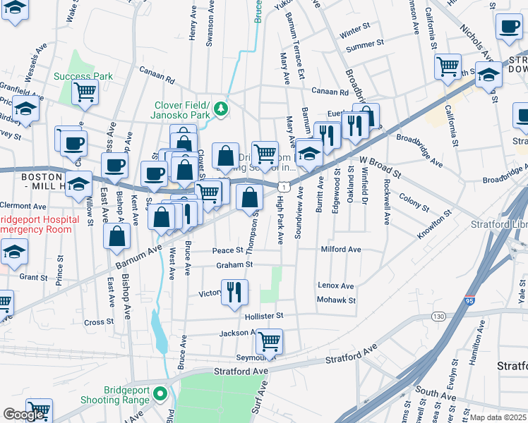 map of restaurants, bars, coffee shops, grocery stores, and more near 480 Thompson Street in Stratford
