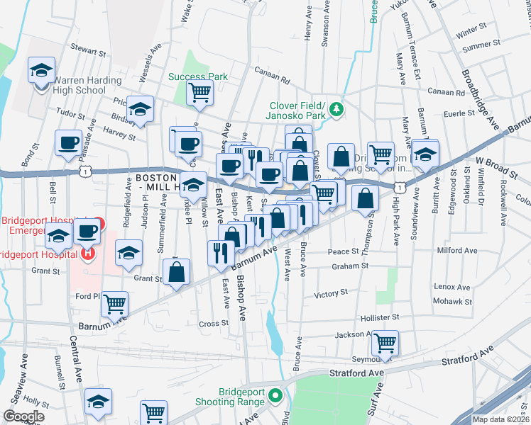 map of restaurants, bars, coffee shops, grocery stores, and more near 100 Sage Avenue in Bridgeport