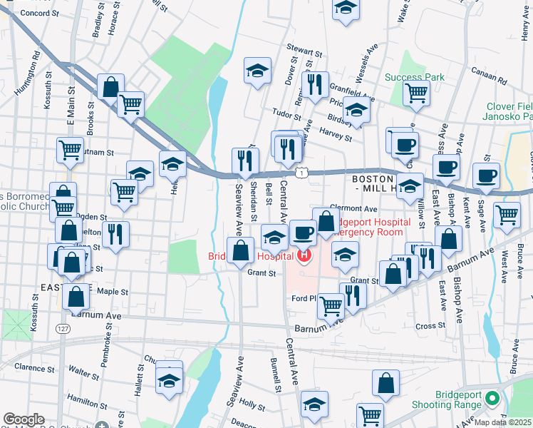 map of restaurants, bars, coffee shops, grocery stores, and more near 19 Bell Street in Bridgeport