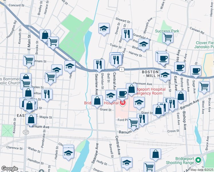 map of restaurants, bars, coffee shops, grocery stores, and more near 19 Bell Street in Bridgeport