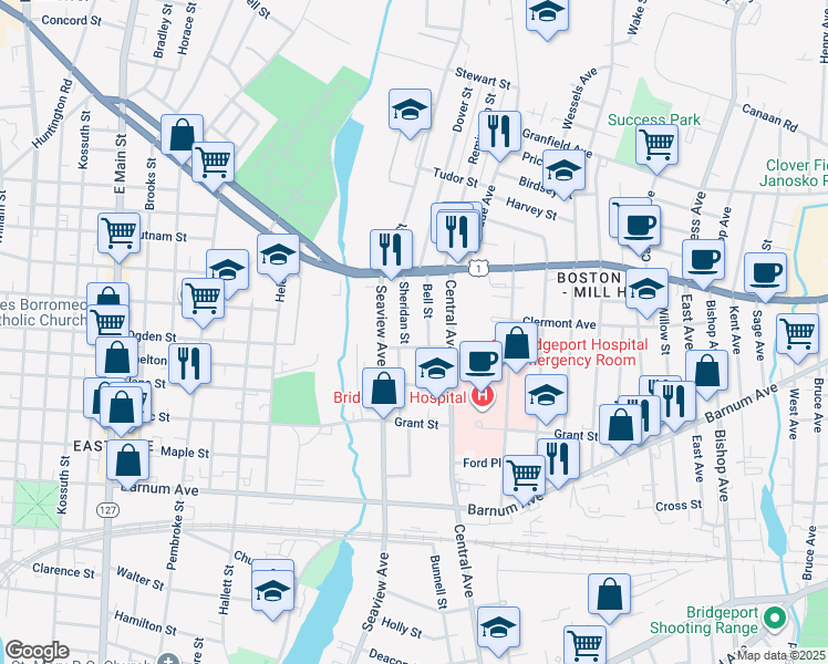 map of restaurants, bars, coffee shops, grocery stores, and more near 19 Bell Street in Bridgeport