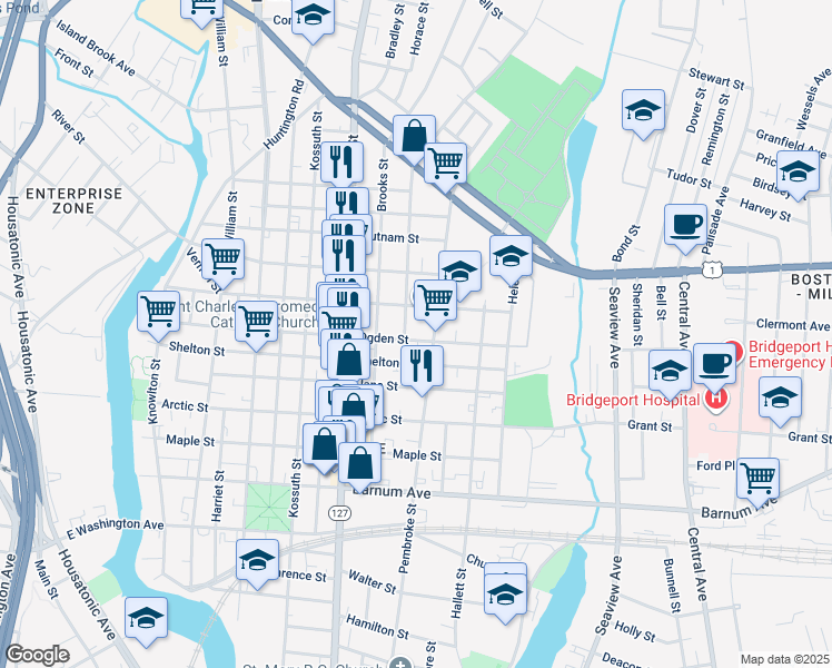 map of restaurants, bars, coffee shops, grocery stores, and more near 617 Ogden Street in Bridgeport