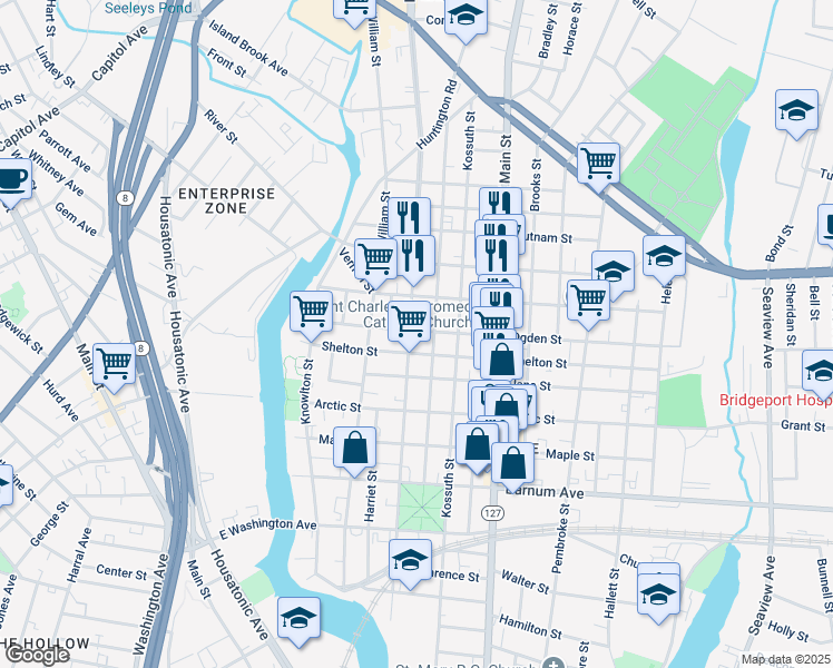 map of restaurants, bars, coffee shops, grocery stores, and more near 292 Ogden Street in Bridgeport