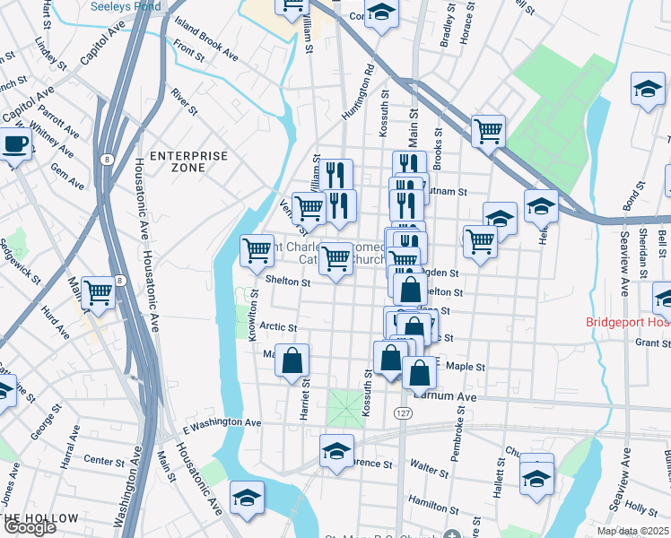 map of restaurants, bars, coffee shops, grocery stores, and more near 292 Ogden Street in Bridgeport