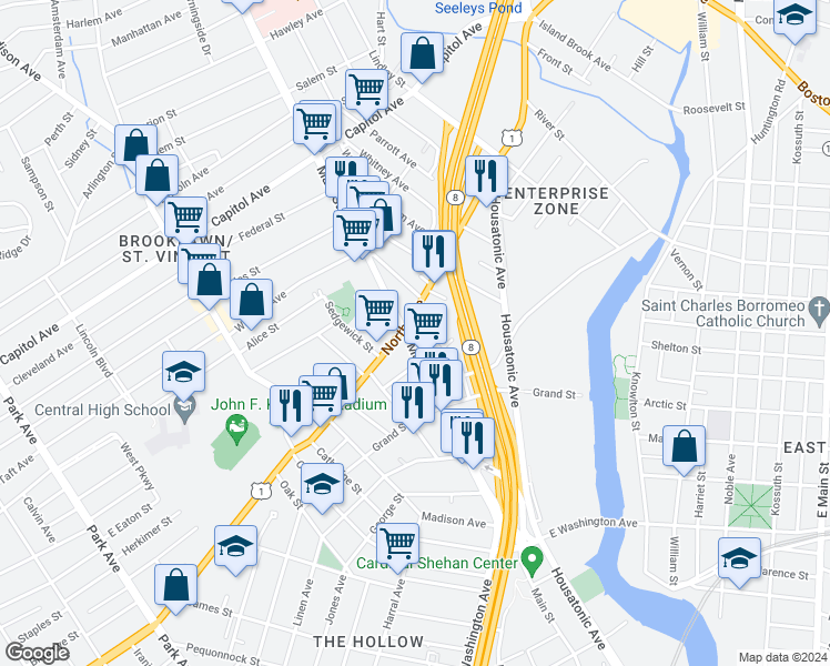 map of restaurants, bars, coffee shops, grocery stores, and more near 2014 Main Street in Bridgeport