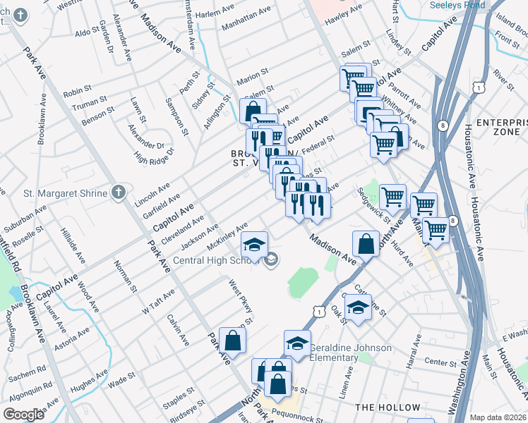 map of restaurants, bars, coffee shops, grocery stores, and more near 93 McKinley Avenue in Bridgeport