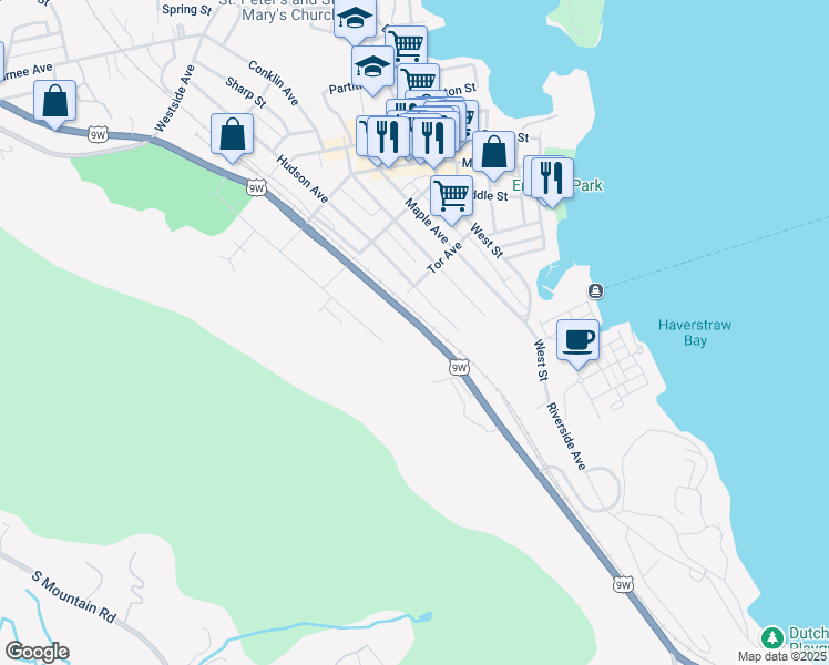 map of restaurants, bars, coffee shops, grocery stores, and more near 45 Route 9W in Haverstraw