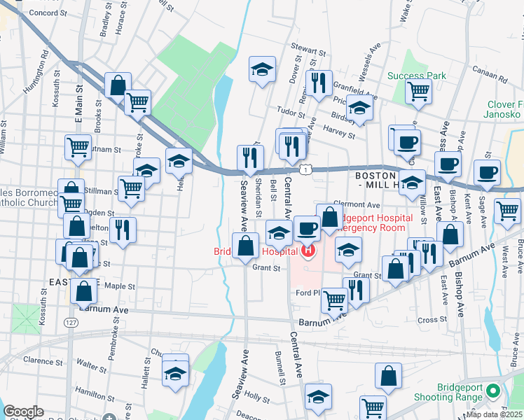 map of restaurants, bars, coffee shops, grocery stores, and more near 19 Bell Street in Bridgeport