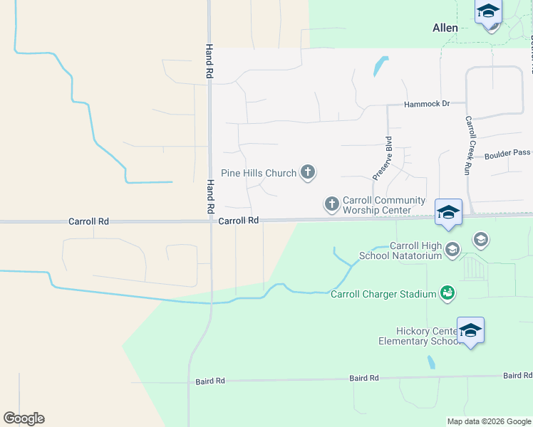 map of restaurants, bars, coffee shops, grocery stores, and more near 4806 Carroll Road in Fort Wayne