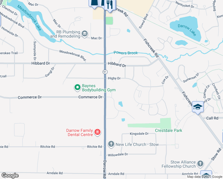 map of restaurants, bars, coffee shops, grocery stores, and more near 4650 Phillip Court in Stow