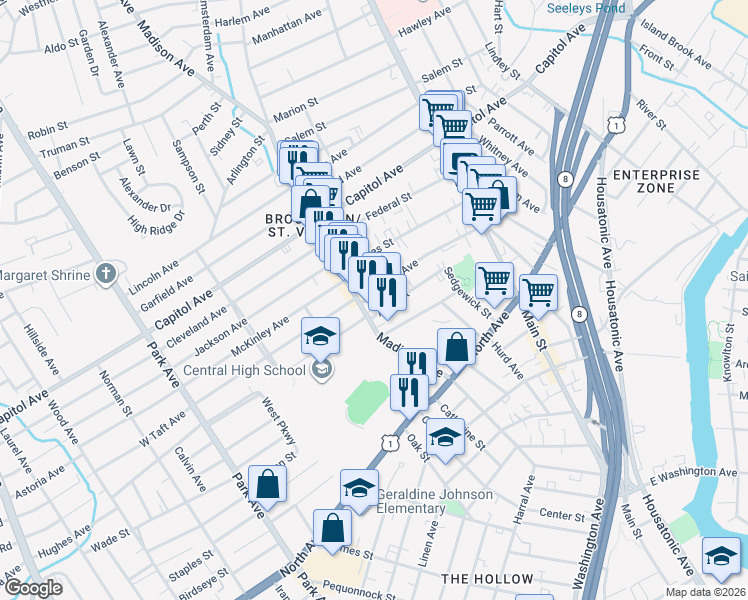 map of restaurants, bars, coffee shops, grocery stores, and more near 305 Wheeler Avenue in Bridgeport