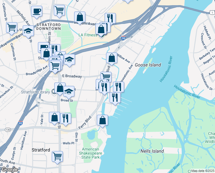 map of restaurants, bars, coffee shops, grocery stores, and more near 200 Ferry Boulevard in Stratford