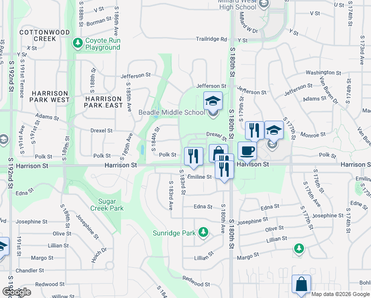 map of restaurants, bars, coffee shops, grocery stores, and more near 18304 Polk Street in Omaha