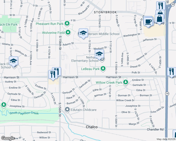 map of restaurants, bars, coffee shops, grocery stores, and more near 6732 South 153rd Circle in Omaha