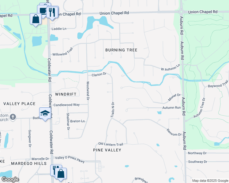 map of restaurants, bars, coffee shops, grocery stores, and more near 11518 Trails North Drive in Fort Wayne