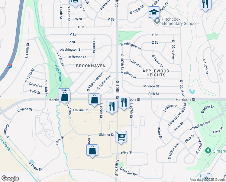 map of restaurants, bars, coffee shops, grocery stores, and more near 6709 South 108th Court in Omaha
