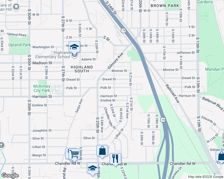 map of restaurants, bars, coffee shops, grocery stores, and more near 2307 Polk Street in Omaha