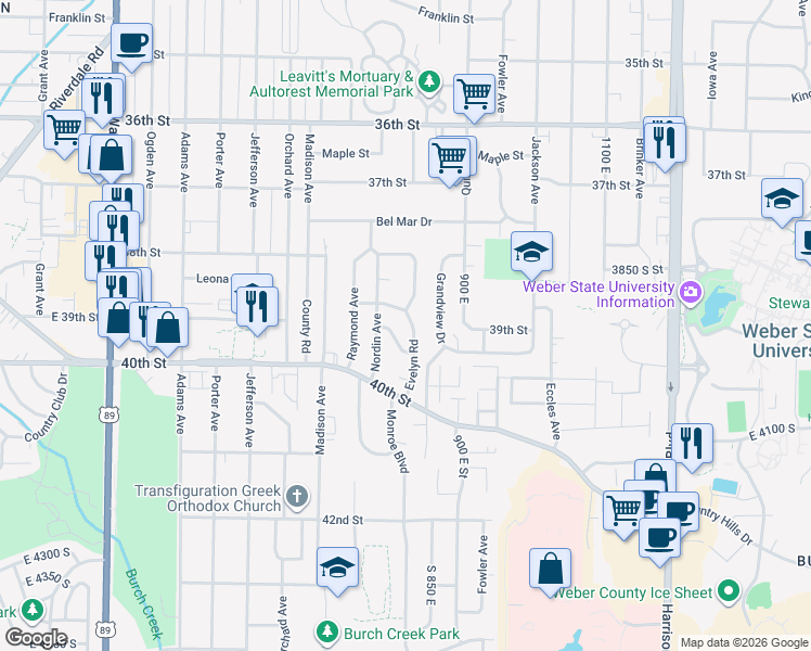 map of restaurants, bars, coffee shops, grocery stores, and more near 3915 Evelyn Road in Ogden