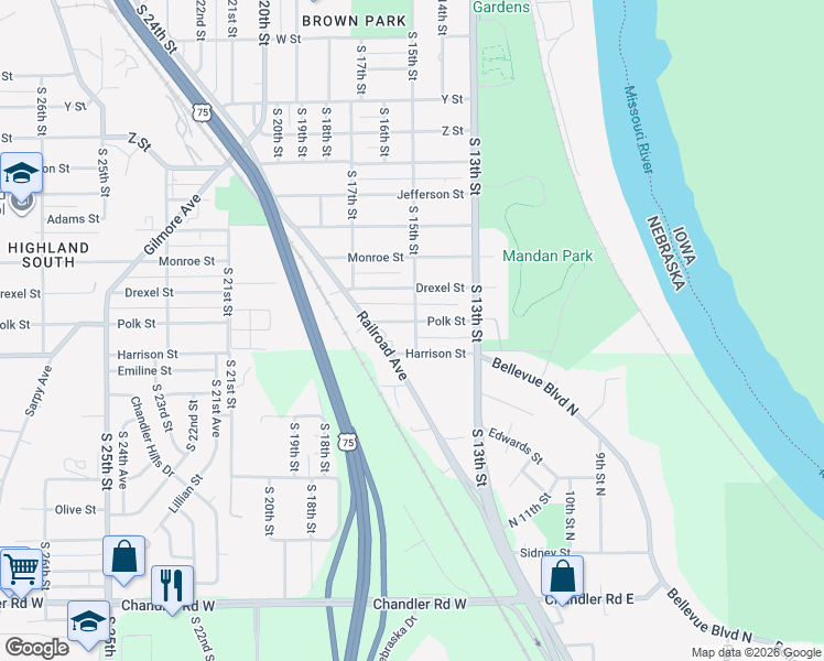 map of restaurants, bars, coffee shops, grocery stores, and more near 1340 Harrison Street in Omaha