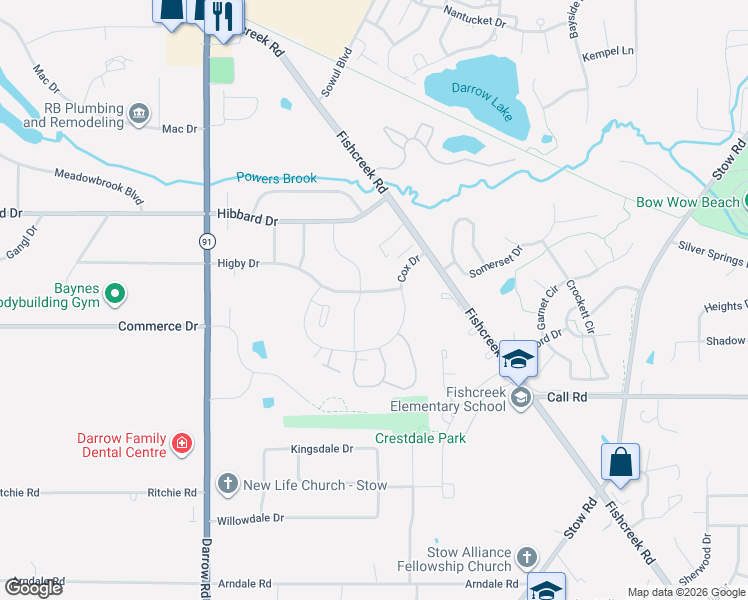 map of restaurants, bars, coffee shops, grocery stores, and more near 2056 Higby Drive in Stow