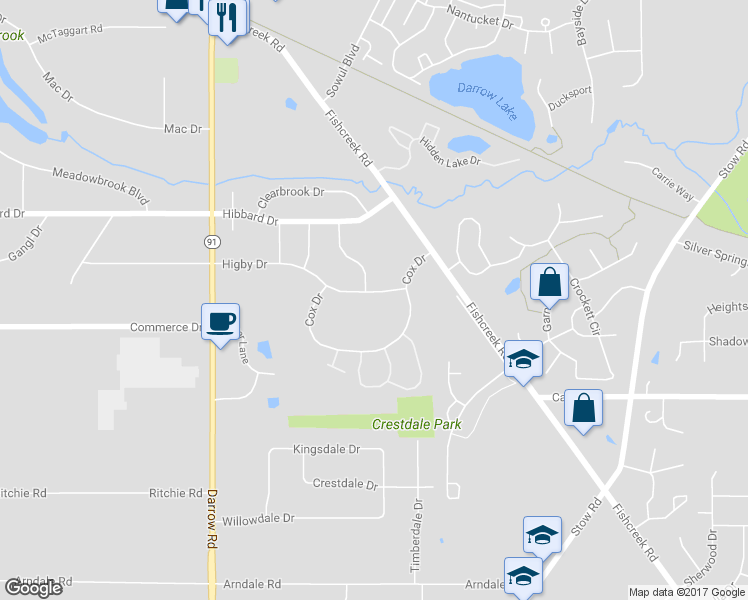 map of restaurants, bars, coffee shops, grocery stores, and more near 2056 Higby Drive in Stow