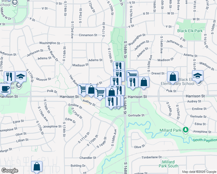 map of restaurants, bars, coffee shops, grocery stores, and more near 6732 South 169th Avenue in Omaha