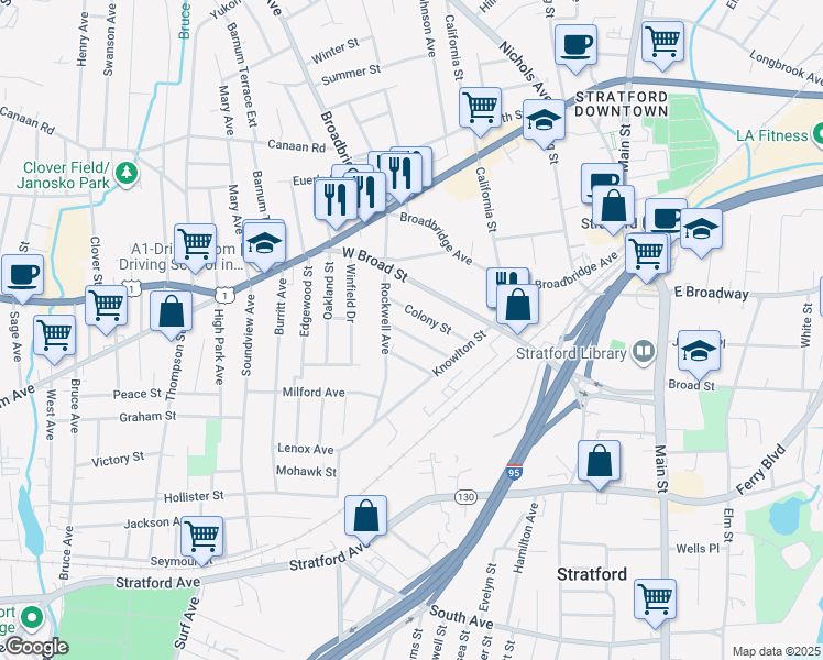 map of restaurants, bars, coffee shops, grocery stores, and more near 80 Temple Street in Stratford