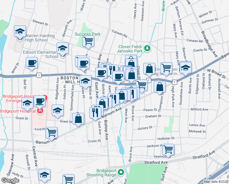 map of restaurants, bars, coffee shops, grocery stores, and more near 132 Kent Avenue in Bridgeport