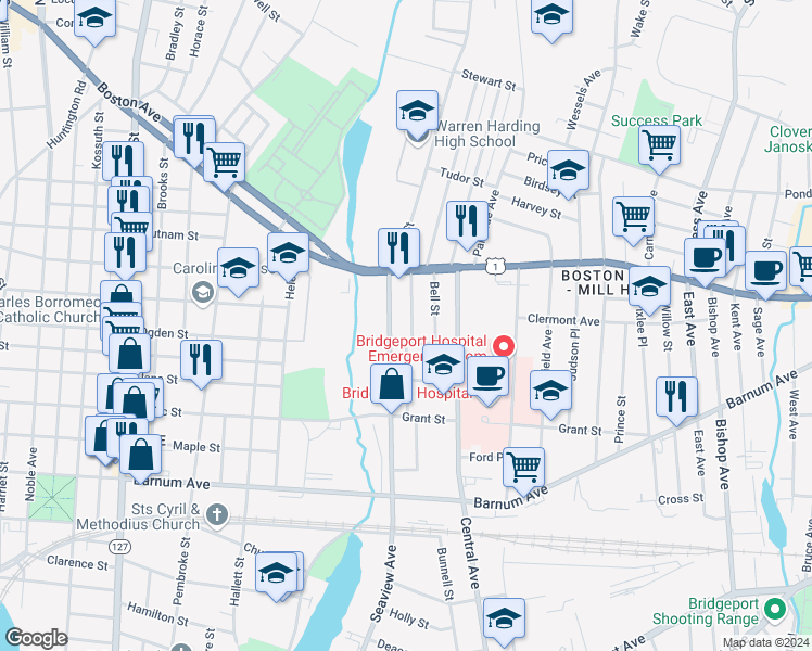 map of restaurants, bars, coffee shops, grocery stores, and more near 2084 Seaview Avenue in Bridgeport