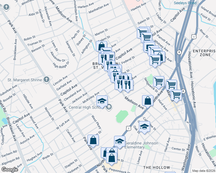 map of restaurants, bars, coffee shops, grocery stores, and more near 93 McKinley Avenue in Bridgeport