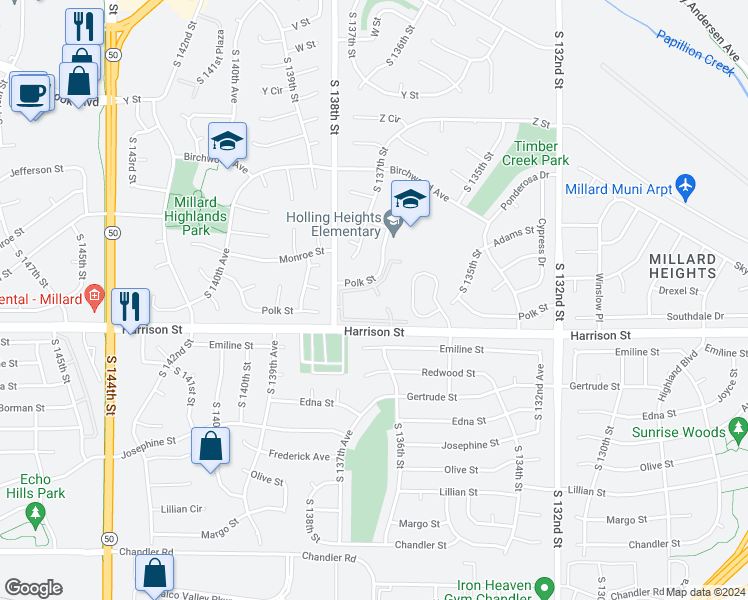 map of restaurants, bars, coffee shops, grocery stores, and more near 6816 South 137th Plaza in Omaha