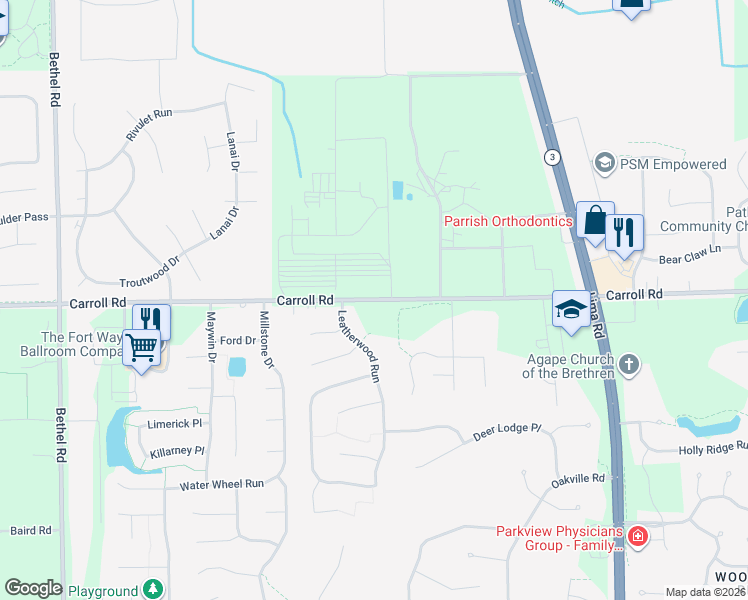 map of restaurants, bars, coffee shops, grocery stores, and more near 2523 Carroll Road in Fort Wayne