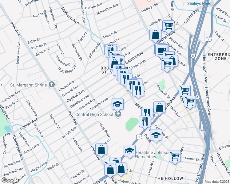 map of restaurants, bars, coffee shops, grocery stores, and more near 86 McKinley Avenue in Bridgeport