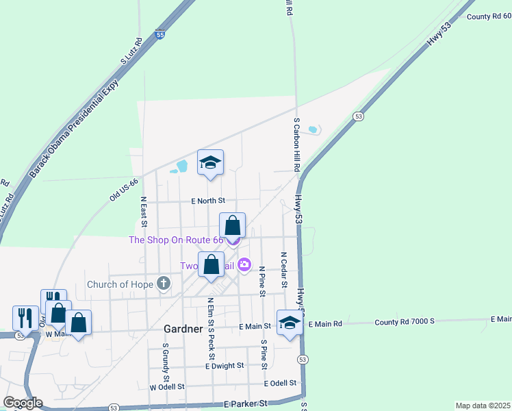 map of restaurants, bars, coffee shops, grocery stores, and more near 414 North Pine Street in Gardner