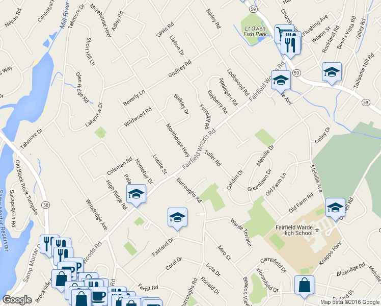 map of restaurants, bars, coffee shops, grocery stores, and more near 20 Morehouse Highway in Fairfield