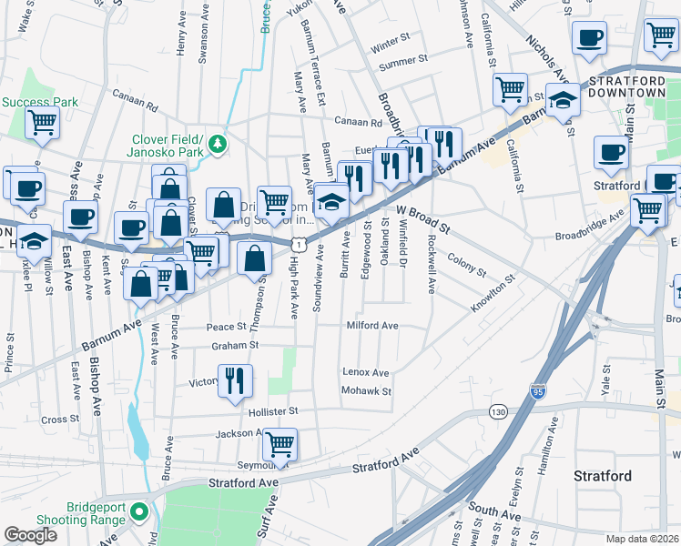 map of restaurants, bars, coffee shops, grocery stores, and more near 448 Soundview Avenue in Stratford