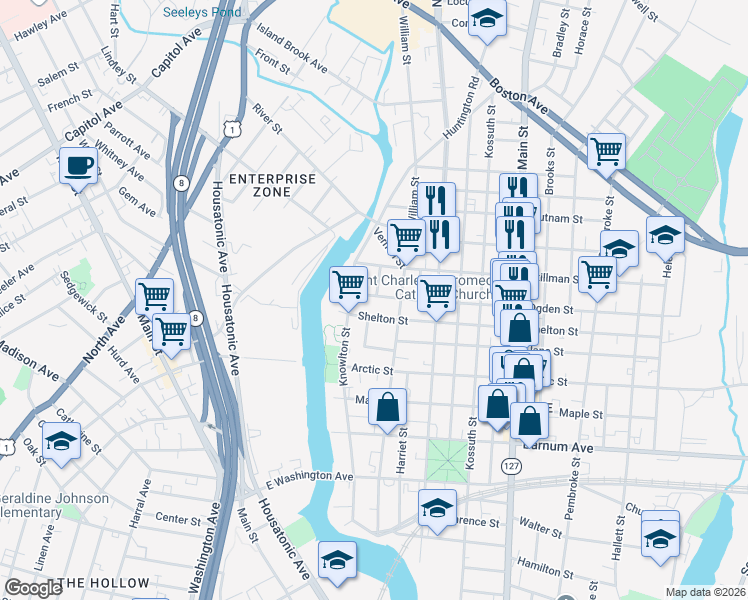 map of restaurants, bars, coffee shops, grocery stores, and more near 122 Ogden Street in Bridgeport
