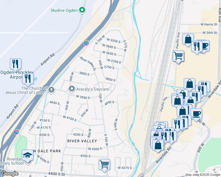map of restaurants, bars, coffee shops, grocery stores, and more near 621 Coachman Way in Ogden