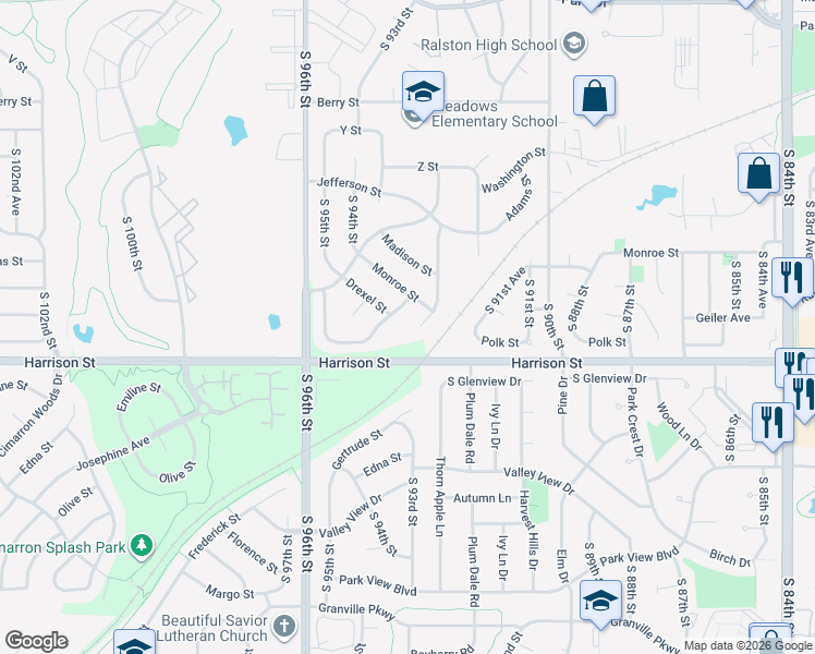 map of restaurants, bars, coffee shops, grocery stores, and more near 6711 South 93rd Street in Omaha