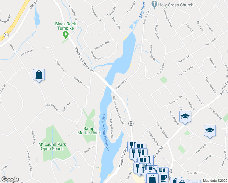 map of restaurants, bars, coffee shops, grocery stores, and more near 3037 Black Rock Turnpike in Fairfield
