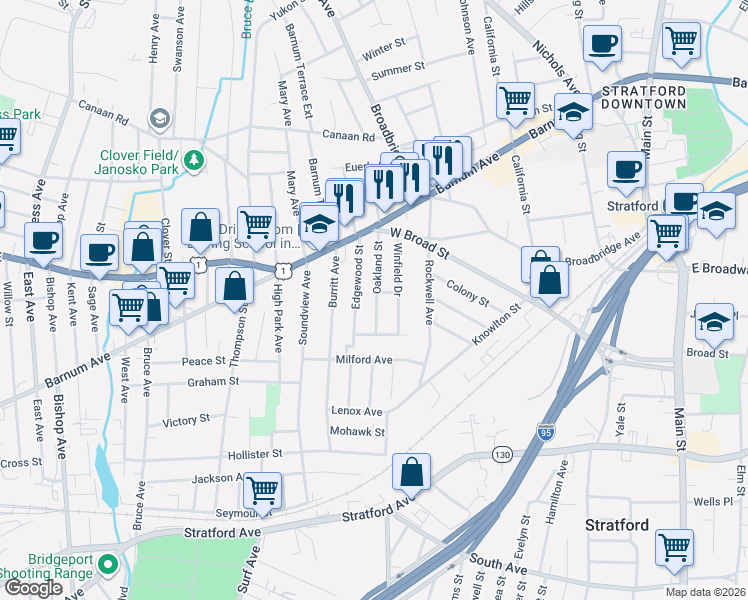 map of restaurants, bars, coffee shops, grocery stores, and more near 51 Winfield Drive in Stratford