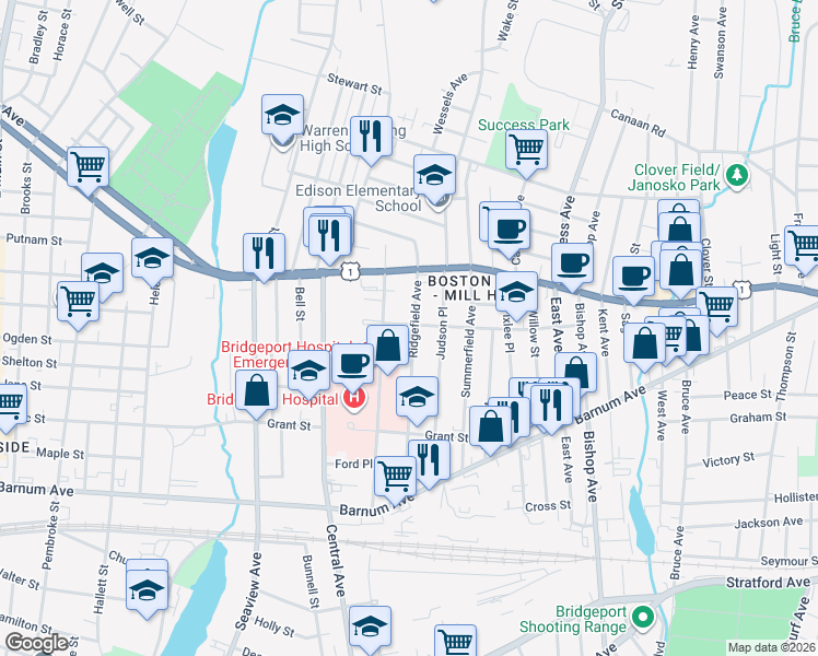 map of restaurants, bars, coffee shops, grocery stores, and more near 343 Ridgefield Avenue in Bridgeport